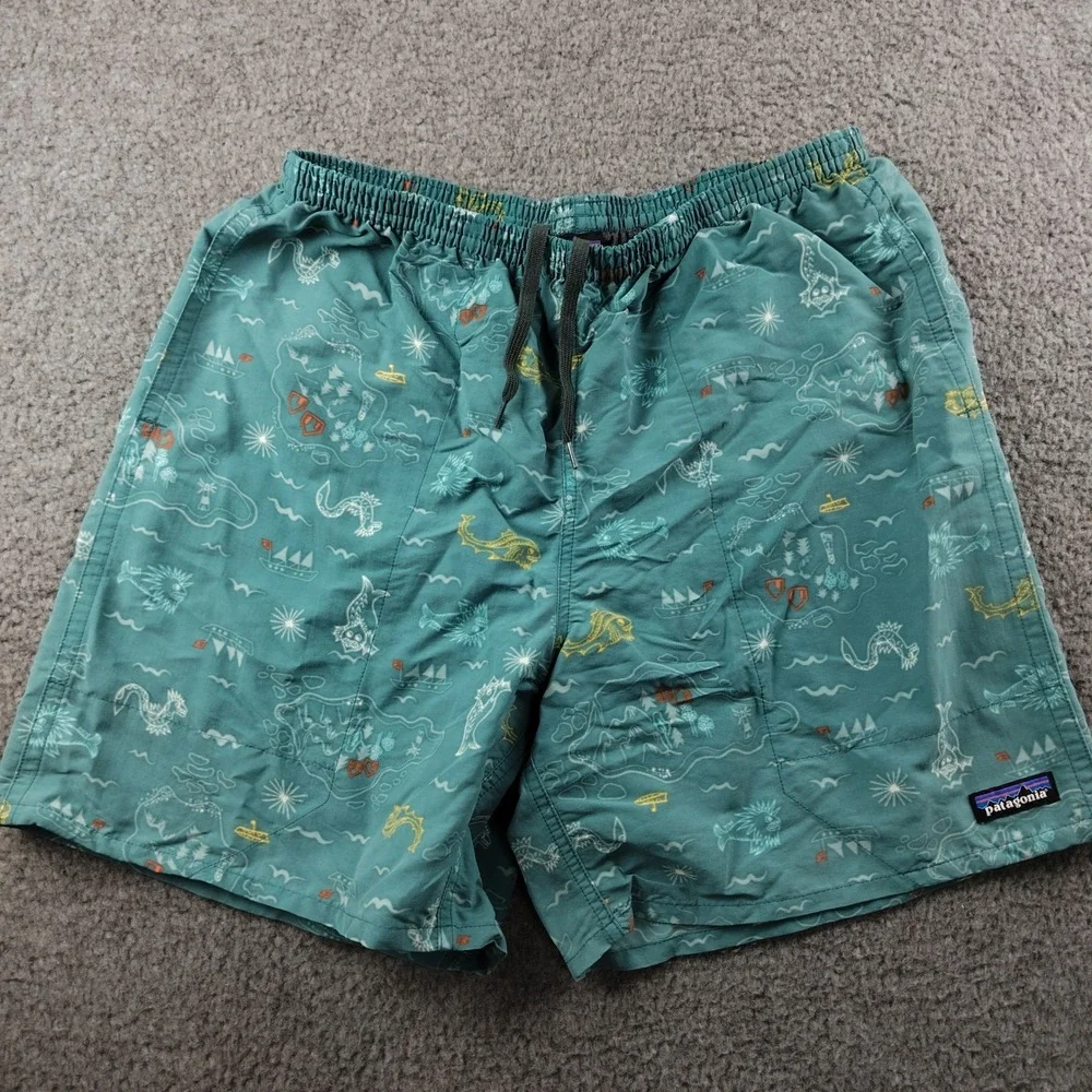 Patagonia Swim Shorts Mens Large Baggies Teal Sea Monster Nautical Print EUC